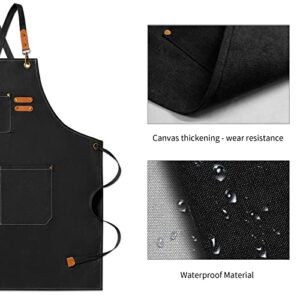 NLUS Chef Apron, Canvas Cross Back Apron for Women Men, Waterdrop Resistant Apron with Adjustable Strap and Large Pockets (black)