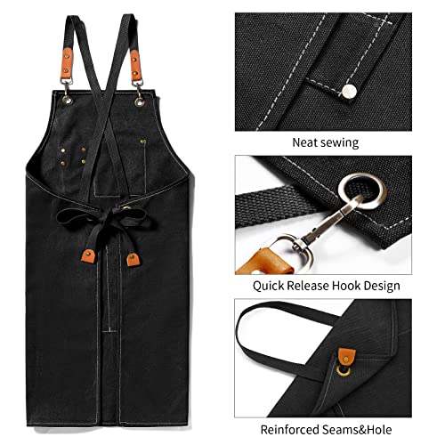 NLUS Chef Apron, Canvas Cross Back Apron for Women Men, Waterdrop Resistant Apron with Adjustable Strap and Large Pockets (black)