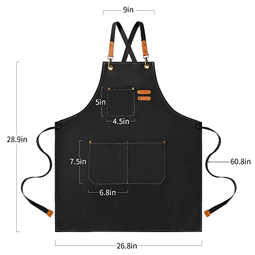 NLUS Chef Apron, Canvas Cross Back Apron for Women Men, Waterdrop Resistant Apron with Adjustable Strap and Large Pockets (black)