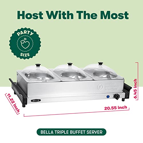 BELLA 4.5 Quart Triple Electric Buffet Server, Food Warming Tray & Slow Cooker - Brushed Stainless Steel Heated Serving Station for Parties & Catering