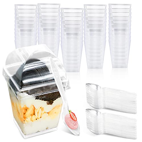 mwellewm 50 Packs 5 OZ Dessert Cups with Lids and Spoons,Mini Clear Plastic Dessert Parfait Cups for Party, Dessert Shot Glasse Small Reusable Fruit Ice Cream Pudding Appetizer Cups Bowls