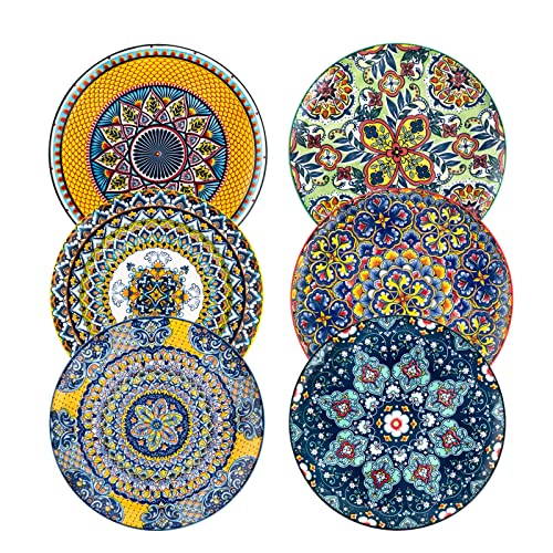 HENXFEN LEAD Ceramic Dinner Plates Set of 6-10.6 Inch Large Dessert, Pasta, Salad Plate, Porcelain Colorful Serving Dishes for Kitchen & Restaurant, Dishware, Microwave & Oven safe - Bohemian Style