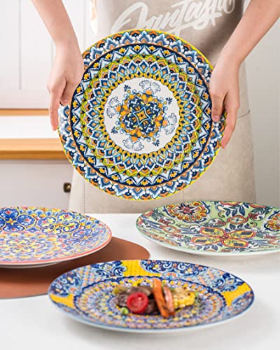 HENXFEN LEAD Ceramic Dinner Plates Set of 6-10.6 Inch Large Dessert, Pasta, Salad Plate, Porcelain Colorful Serving Dishes for Kitchen & Restaurant, Dishware, Microwave & Oven safe - Bohemian Style