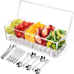 [stainless steel] 5 spoons, 5 forks and 1 clip, condiment tray, condiment server, caddy, bar garnish holder on ice,bar accessories fruit and salad with removable trays with lid