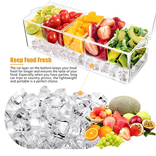 [Stainless Steel] 5 Spoons, 5 Forks and 1 Clip, Condiment Tray, Condiment Server, Caddy, Bar Garnish Holder on ice,Bar Accessories Fruit and Salad with Removable Trays with lid