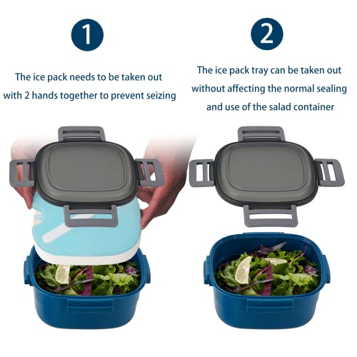 Freshmage Salad Container for Lunch with Ice Pack, Leakproof BPA-Free 52-oz Lunch Container with 4 Compartments, Salad Lunch Container for Men, Women (Blue+Ice Pack)