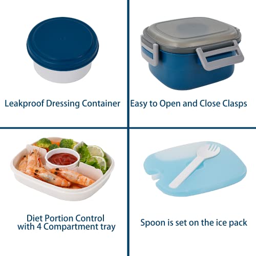 Freshmage Salad Container for Lunch with Ice Pack, Leakproof BPA-Free 52-oz Lunch Container with 4 Compartments, Salad Lunch Container for Men, Women (Blue+Ice Pack)
