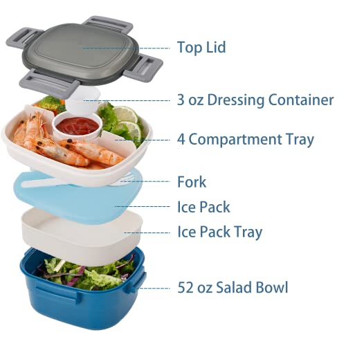 Freshmage Salad Container for Lunch with Ice Pack, Leakproof BPA-Free 52-oz Lunch Container with 4 Compartments, Salad Lunch Container for Men, Women (Blue+Ice Pack)