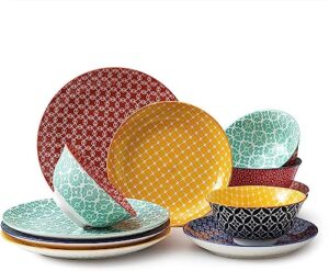 dowan ceramic plates and bowls sets, 12-piece dinnerware sets for birthday gifts, colorful dish set for 4, porcelain dinner dessert plates,and soup bowls set for home decor housewaming gift