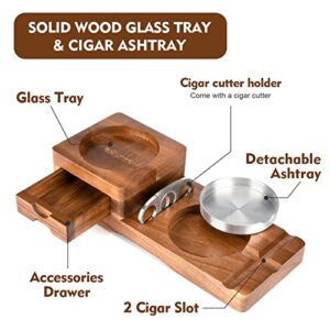 Scotte Cigar Ashtray Coaster Whiskey Glass Tray & Wooden Ash Tray with Cigar Cutter,Include Drawer and Cigar Slot Home Office Outdoor Ashtrays Great Cigar Accessories for Men