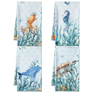 4 pack sea kitchen towels beach dish towels for kitchen turtle towels hand towels ocean animal nautical dish cloths kitchen tea towels for cleaning, drying (ocean)