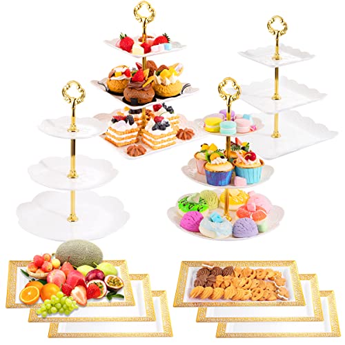 Supernal 3 Tier Cupcake Stands, 6pcs Plastic Trays, 4Pack Cupcake Dessert Stand, Party Trays Set, Cake Platters Includes 6 pcs Pastry Trays, 2 pcs Square Cake Trays, 2 pcs Round Cake Trays