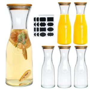 cadamada 35oz glass carafe,glass pitcther with wooden caps,suitable for wine,fruit tea,drinks,drinking water,home kitchen,bar party,wedding scene（6pcs）