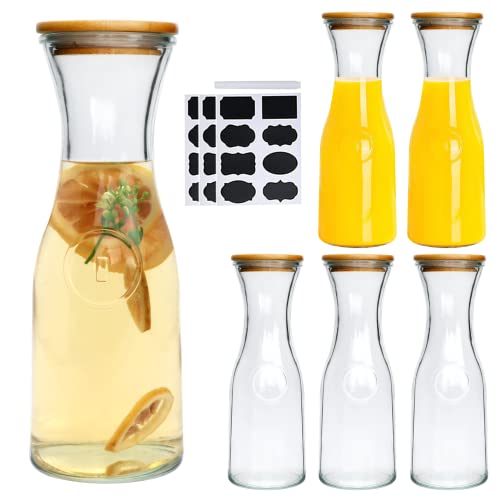 Cadamada 35oz Glass Carafe,Glass Pitcther with Wooden Caps,Suitable for Wine,Fruit Tea,Drinks,Drinking Water,Home Kitchen,Bar Party,Wedding Scene（6pcs）