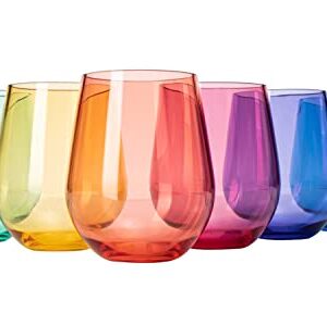 European Style Crystal, Stemless Wine Glasses, Acrylic Glasses Tritan Drinkware, Unbreakable Colored, 6 - Set - Shatterproof BPA-free plastic, Reusable, All Purpose Glassware, 15oz