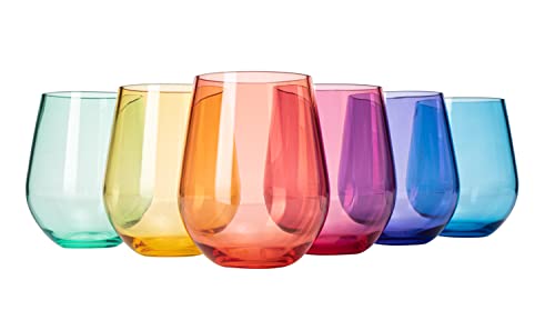 European Style Crystal, Stemless Wine Glasses, Acrylic Glasses Tritan Drinkware, Unbreakable Colored, 6 - Set - Shatterproof BPA-free plastic, Reusable, All Purpose Glassware, 15oz