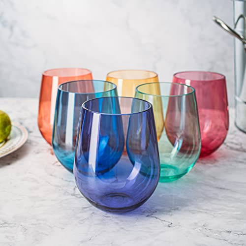 European Style Crystal, Stemless Wine Glasses, Acrylic Glasses Tritan Drinkware, Unbreakable Colored, 6 - Set - Shatterproof BPA-free plastic, Reusable, All Purpose Glassware, 15oz