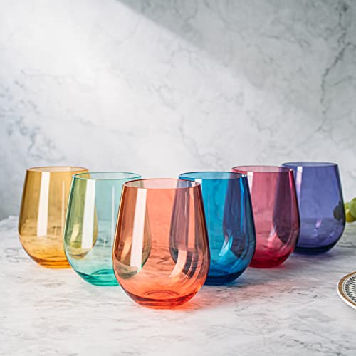 European Style Crystal, Stemless Wine Glasses, Acrylic Glasses Tritan Drinkware, Unbreakable Colored, 6 - Set - Shatterproof BPA-free plastic, Reusable, All Purpose Glassware, 15oz