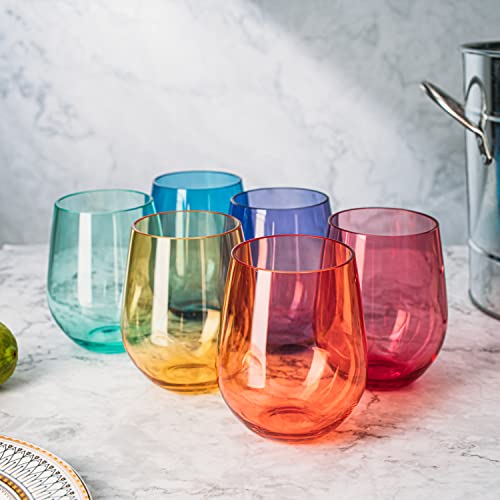 European Style Crystal, Stemless Wine Glasses, Acrylic Glasses Tritan Drinkware, Unbreakable Colored, 6 - Set - Shatterproof BPA-free plastic, Reusable, All Purpose Glassware, 15oz