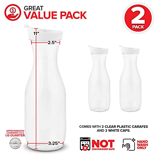 Plastic Juice Carafe with Lids (Set of 2) 32 oz Carafes for Mimosa Bar, Drink Pitcher with Lid, Water Bottle, Milk Container, Clear Beverage Containers for Fridge, Pantry Storage, Round Pitchers