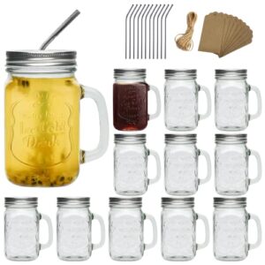 mason jars with handle,16 oz old fashioned drinking jars,clear mason mugs drinking glass cups with lids and straws set of 12 for beverages,mixed drinks,soda,kombucha