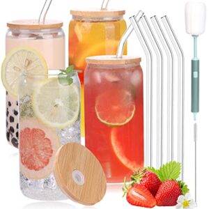 glass cups with bamboo lids and straws 4pcs set,16oz wide mouth drinking mason glass tumbler,reusable beer cans glasses,iced coffee glass, juice boba cup, pearl glass,milk cup -wih 2 brushes