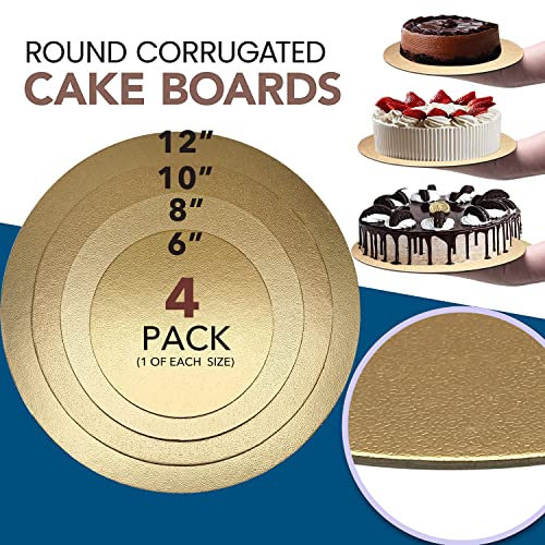 4 Pack Cake Boards Golden Round Cake Circles 6, 8, 10, 12 Inch Cake Base Cardboard, 1 of Each Size Set for Baking Cake, Gold