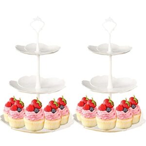 cupcake stand, 2 pack flower shape cupcake tower, 3 tier serving tray, white plastic cupcake display stand for desserts, pastry, macorons, muffins party supplies