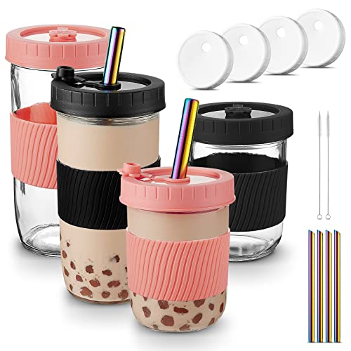 Mfacoy (4 Pack x 2 Size Boba Cup, 24oz & 16oz Bubble Tea Cup, Smoothie Cups with Lids and Stainless Straws, Reusable Boba Cup, Wide Mouth Mason Jar Drinking Glasses with Silicone Sleeve for Travel