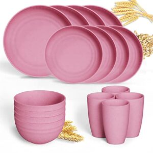 kewoo unbreakable wheat straw dinnerware sets of 4, 16pcs reusable dinnerware set，lightweight microwave dishwasher safe,plates, cups, bowls for r party, picnic, camping, dorm (pink)