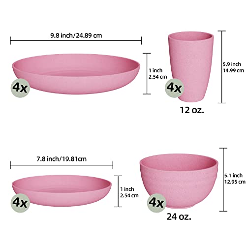 KEWOO Unbreakable Wheat Straw Dinnerware Sets of 4, 16Pcs Reusable Dinnerware Set，Lightweight Microwave Dishwasher Safe,Plates, Cups, Bowls for r Party, Picnic, Camping, Dorm (Pink)