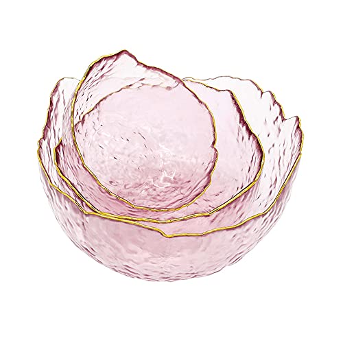 Glass Salad Bowls 3 Piece Set, Irregular Shape Phnom Penh Serving Bowls,Glass Bowls for Kitchen,Pretty Serving Bowls for Pasta, Dessert, Popcorn, Fruit, Snacks - Refrigerator Freezer Safe (Light Pink)