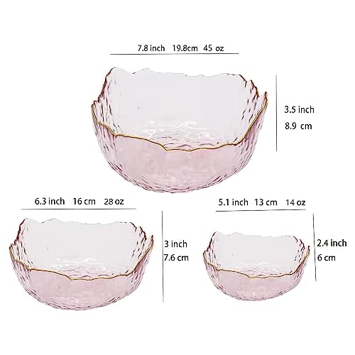 Glass Salad Bowls 3 Piece Set, Irregular Shape Phnom Penh Serving Bowls,Glass Bowls for Kitchen,Pretty Serving Bowls for Pasta, Dessert, Popcorn, Fruit, Snacks - Refrigerator Freezer Safe (Light Pink)