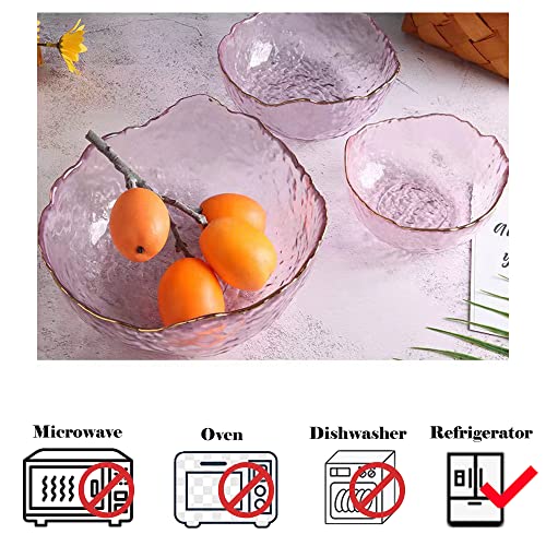 Glass Salad Bowls 3 Piece Set, Irregular Shape Phnom Penh Serving Bowls,Glass Bowls for Kitchen,Pretty Serving Bowls for Pasta, Dessert, Popcorn, Fruit, Snacks - Refrigerator Freezer Safe (Light Pink)