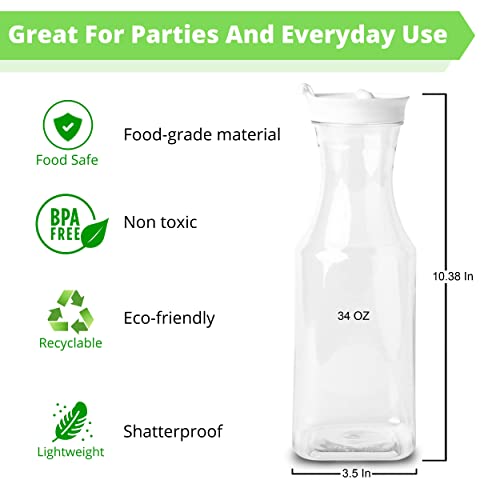 Party Bargains 34 Oz. Water Carafe with Flip Tab Lids - [2 Pack] White Lid Premium Quality & Heavy Duty Square Base Carafe with Lids - Perfect for Milk, Water, Iced Tea, Juice, Cold Brew, Mimosa Bar
