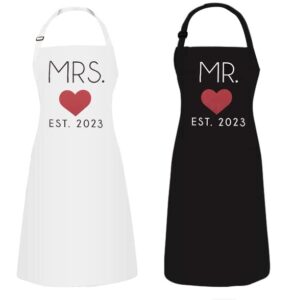 gsm brands mr. and mrs. 2023 couples kitchen aprons (2-piece set) cute, funny cooking bibs for wedding marriage newlyweds