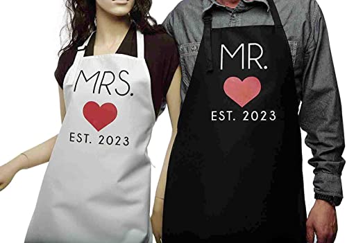 GSM Brands Mr. and Mrs. 2023 Couples Kitchen Aprons (2-Piece Set) Cute, Funny Cooking Bibs for Wedding Marriage Newlyweds