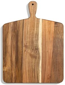 acacia wood cutting board and chopping board with handle for meat, cheese board, vegetables, bread, and charcuterie - decorative wooden serving board for kitchen and dining room, large 17” x 13”