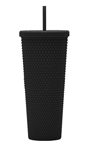 Essasea 24oz Fully Studded Tumbler.Matte Black Studded Tumbler with Lid and Straw.Reusable Double Walled Insulated Travel Tumbler.Plastic Acrylic Pastel Colored Tumbler Cup for Iced Coffee Smoothie.