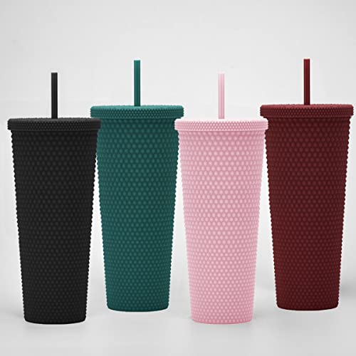 Essasea 24oz Fully Studded Tumbler.Matte Black Studded Tumbler with Lid and Straw.Reusable Double Walled Insulated Travel Tumbler.Plastic Acrylic Pastel Colored Tumbler Cup for Iced Coffee Smoothie.