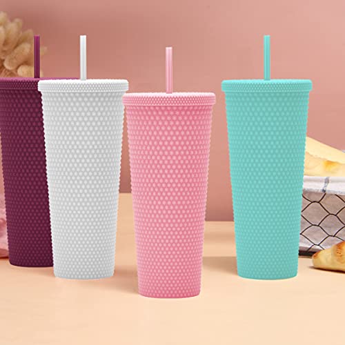 Essasea 24oz Fully Studded Tumbler.Matte Black Studded Tumbler with Lid and Straw.Reusable Double Walled Insulated Travel Tumbler.Plastic Acrylic Pastel Colored Tumbler Cup for Iced Coffee Smoothie.