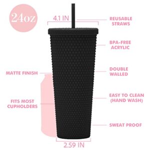 Essasea 24oz Fully Studded Tumbler.Matte Black Studded Tumbler with Lid and Straw.Reusable Double Walled Insulated Travel Tumbler.Plastic Acrylic Pastel Colored Tumbler Cup for Iced Coffee Smoothie.