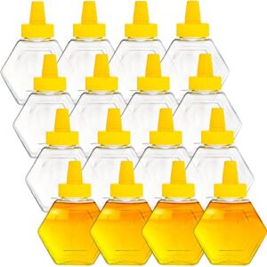 elsjoy 16 pack plastic honey bottle jars, 7 oz honey squeeze bottles empty honey jars with spout, refillable condiment squeeze bottles clear honey container for storing and dispensing, hexagon shape