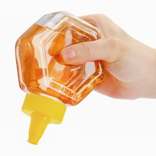 Elsjoy 16 Pack Plastic Honey Bottle Jars, 7 Oz Honey Squeeze Bottles Empty Honey Jars with Spout, Refillable Condiment Squeeze Bottles Clear Honey Container for Storing and Dispensing, Hexagon Shape