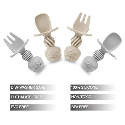 PandaEar (4 Pack) Silicone Baby Led Weaning Spoon Fork| First Training Self Feeding Utensils Set| Anti-Choke Silverware Eating Supplies for Toddler 6 Months Up (Carnation Grey)