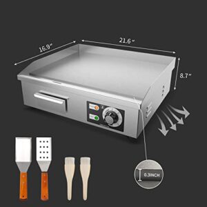 Obqer Commercial Electric Griddle, 22" Commercial Electric Countertop Griddle with Brushes and Shovels, 1600W Stainless Steel Electric Griddle with Adjustable Temperature Control for Restaurant & Home