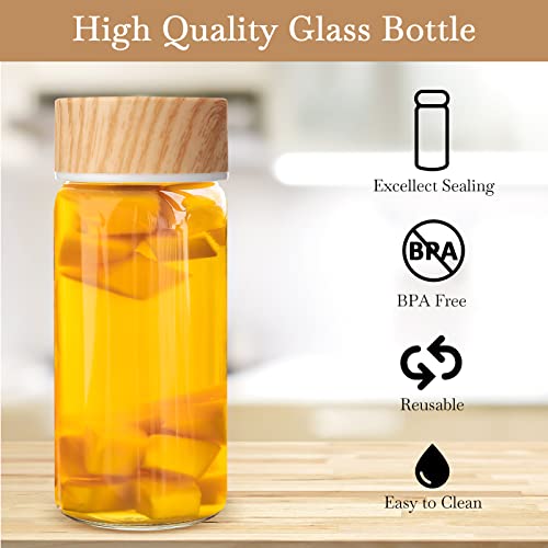 Nuogo 6 Pack Glass Drinking Bottles 10oz Wide Mouth Juice Bottle with Lids Leak Proof Water Jar for Travel, Reusable Airtight Juicing Cups for Homemade Juices, Smoothies, Tea, Milk