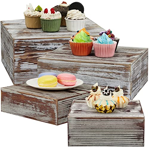 Juexica Set of 4 Wood Stackable Display Box Riser Stands Torched Style Cake Stand Sizes Rustic Wooden Cupcake Square Vintage Pedestal Food for Party Table Wedding