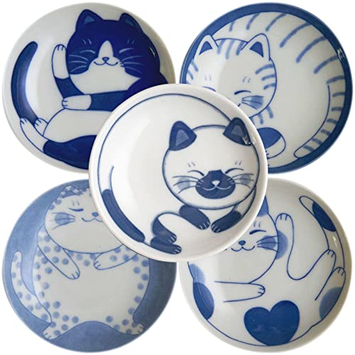 LOVE LOVE JAPAN Dessert Sushi Soy Sauce Salad Small Plate Set Ceramic Cats Design Set of 5 Made In Japan Sleeping Cat