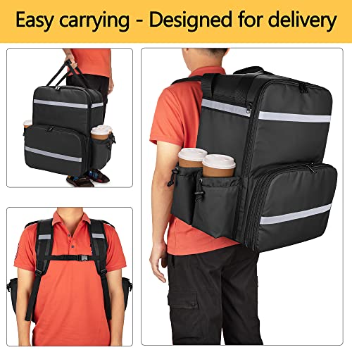 Trunab Expandable Food Delivery Backpack with 4 Cups Holder, 14” Pizza Delivery Bag with Support Boards, Insulated Delivery Bag with Reflective Strip for Bike Delivery, Uber Eats (Patent Design)